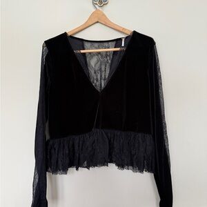 Black Velvet Lace Peplum Top | Sheer Lace Sleeves | Romantic Gothic Blouse | S